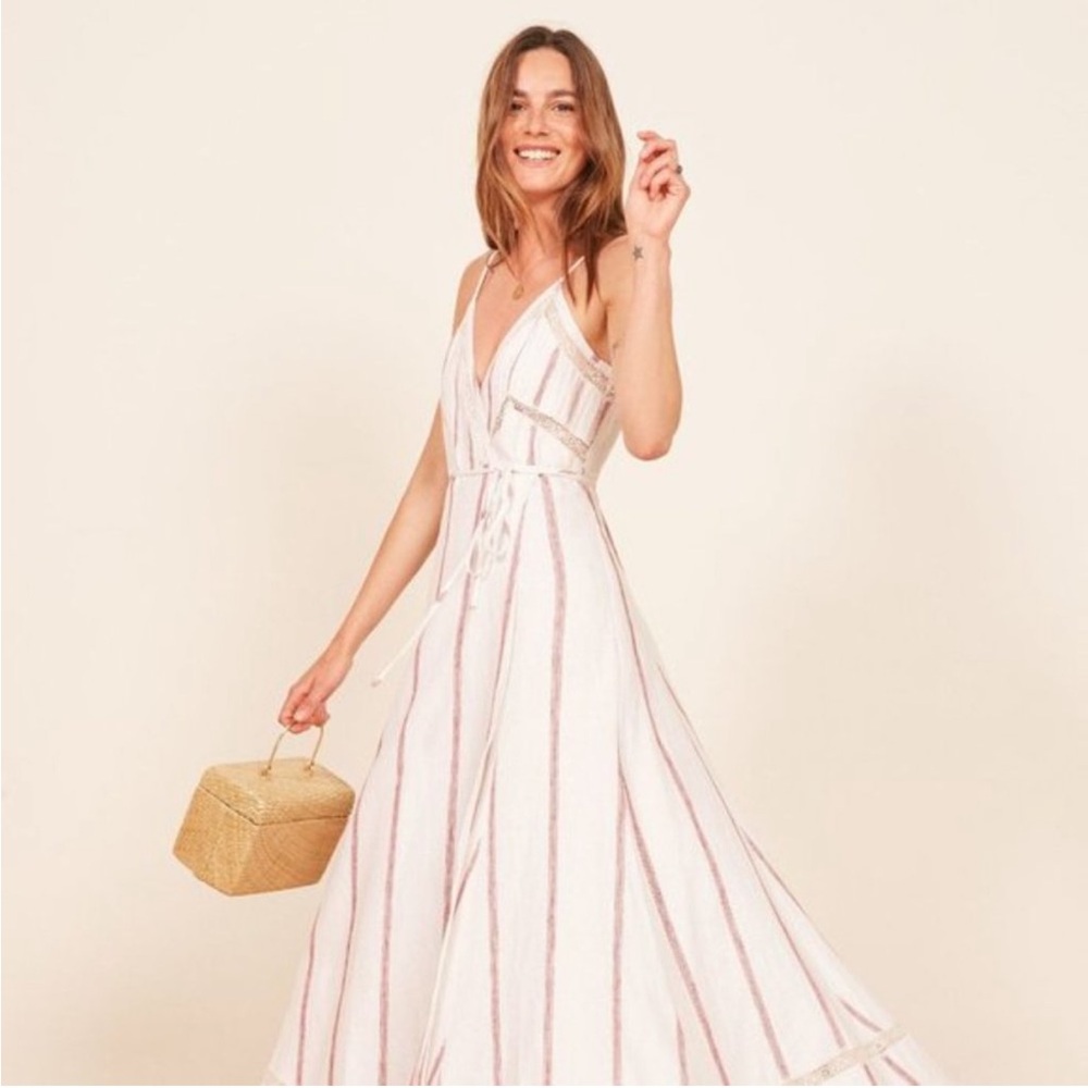 Reformation Linen Wrap Striped Maxi Dress